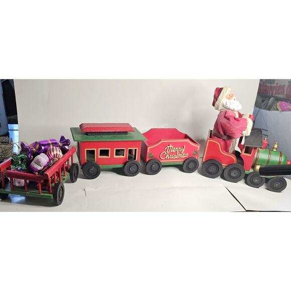 Large Wooden Santa Train Paper Mache Santa Locomotive W/Three Cars & Candy Orns